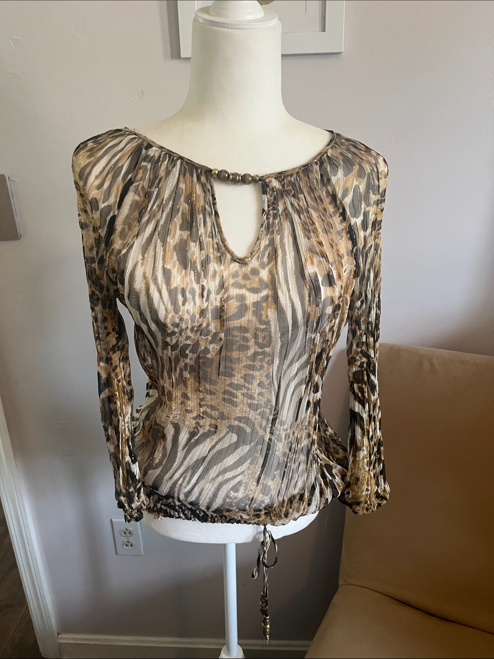 Cache Sheer Mixed Animal-Print Tie-Neck Blouse in Brown and Cream
